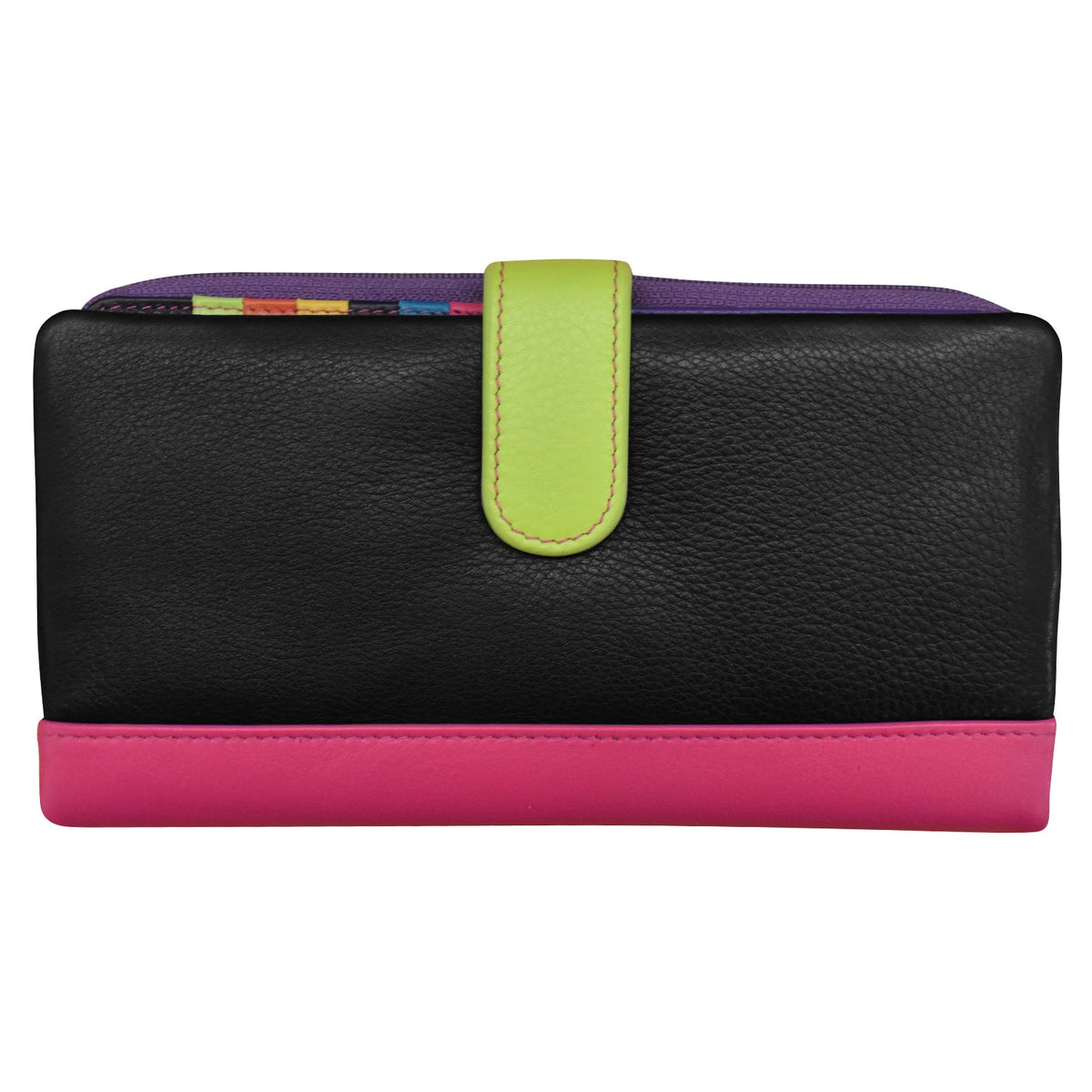 Black wallet with a colorful strap and pink base on a white background