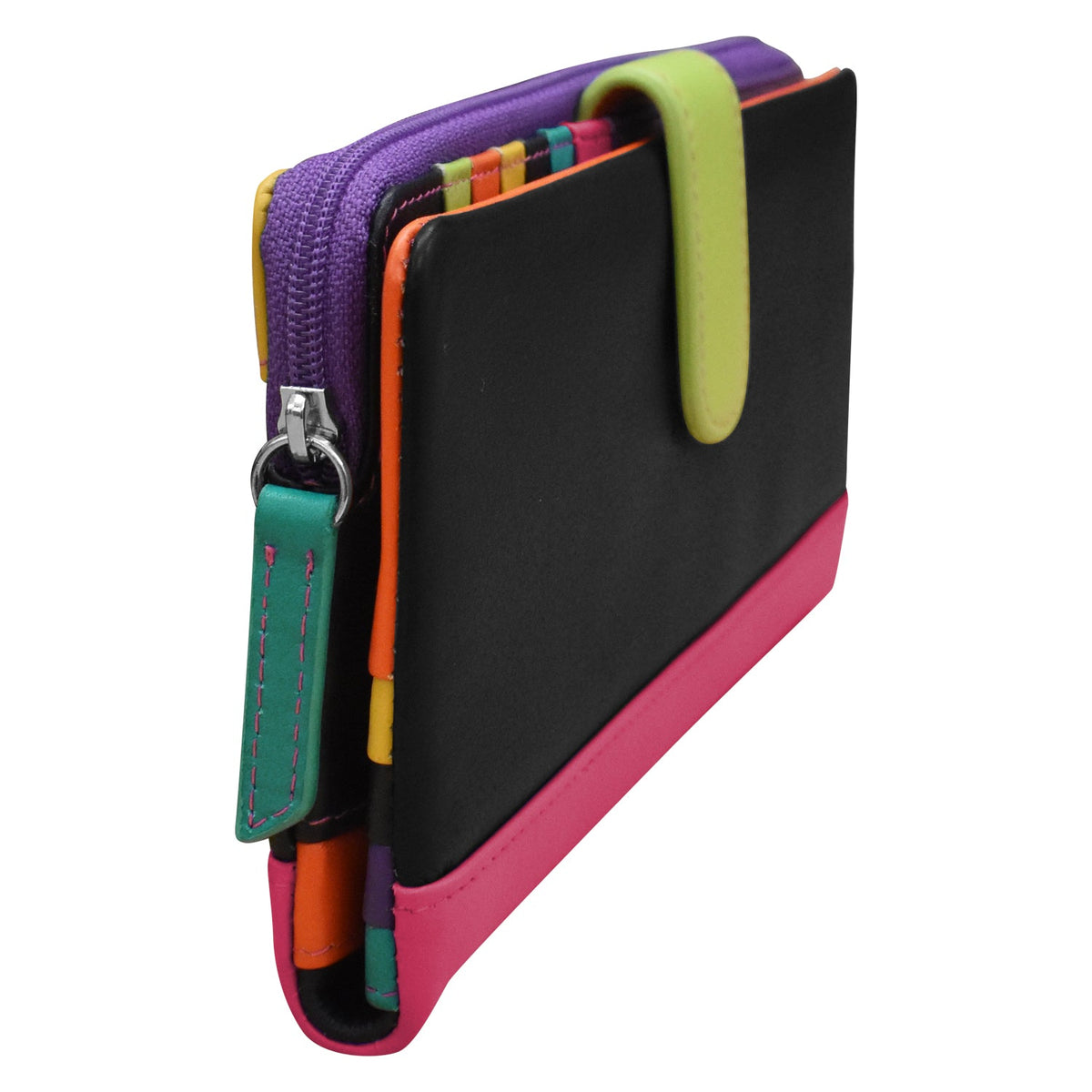 Colorful wallet with a black interior on a white background