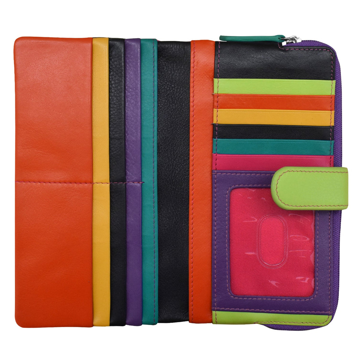 Colorful wallet with multiple card slots on a white background