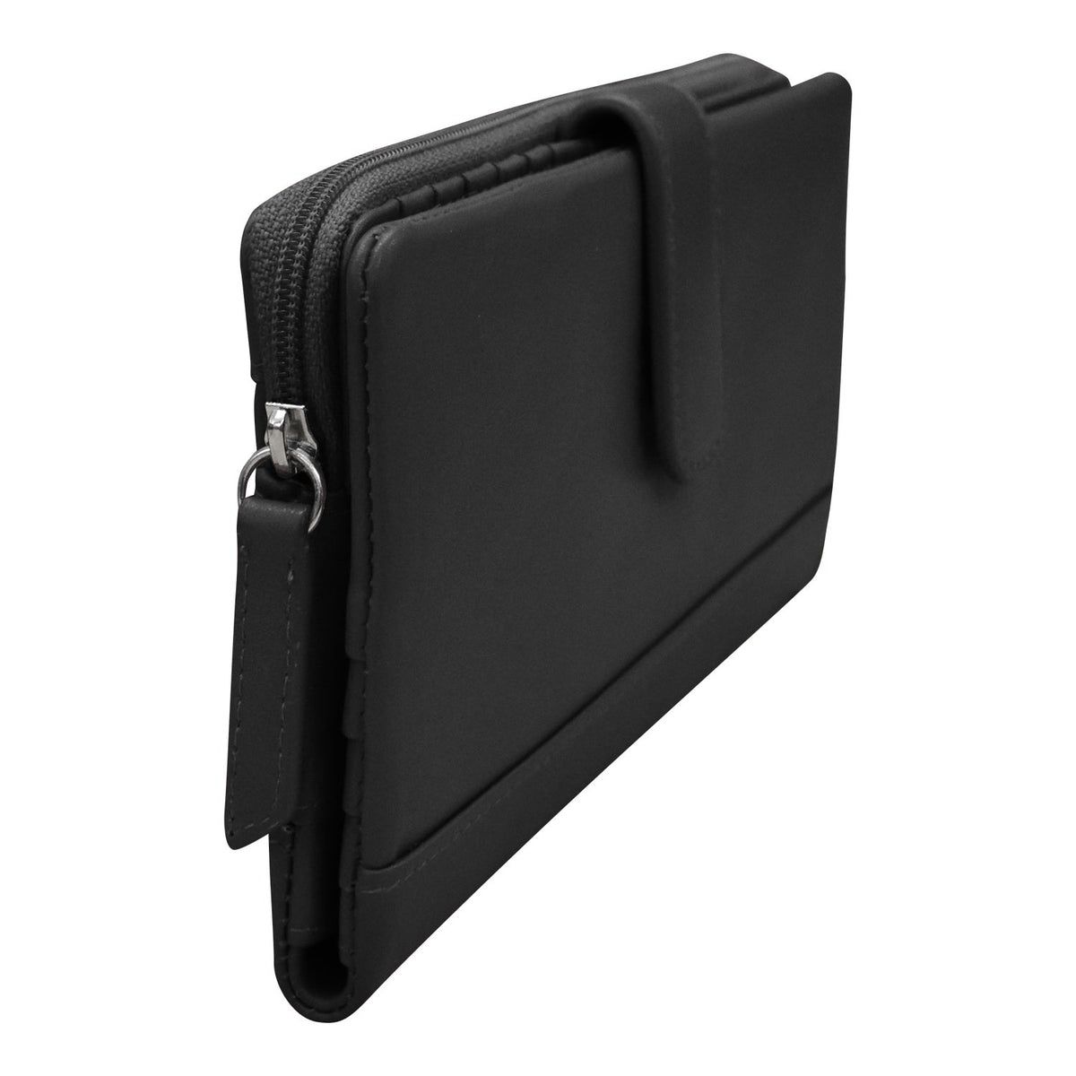 Black leather zip-around wallet with a belt clip and silver-tone metal hardware, shown on a plain white background.