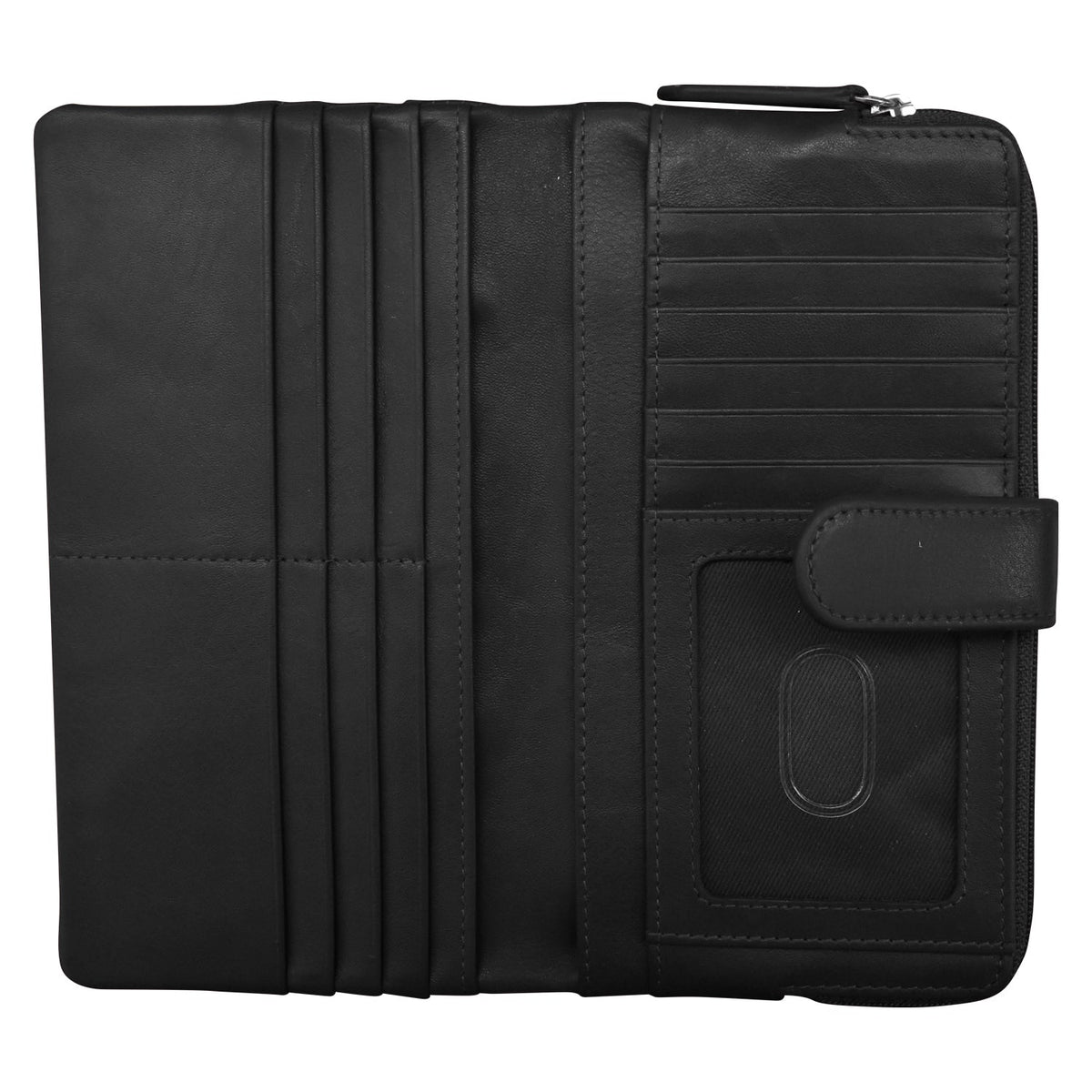 Black leather wallet with multiple card slots on a white background