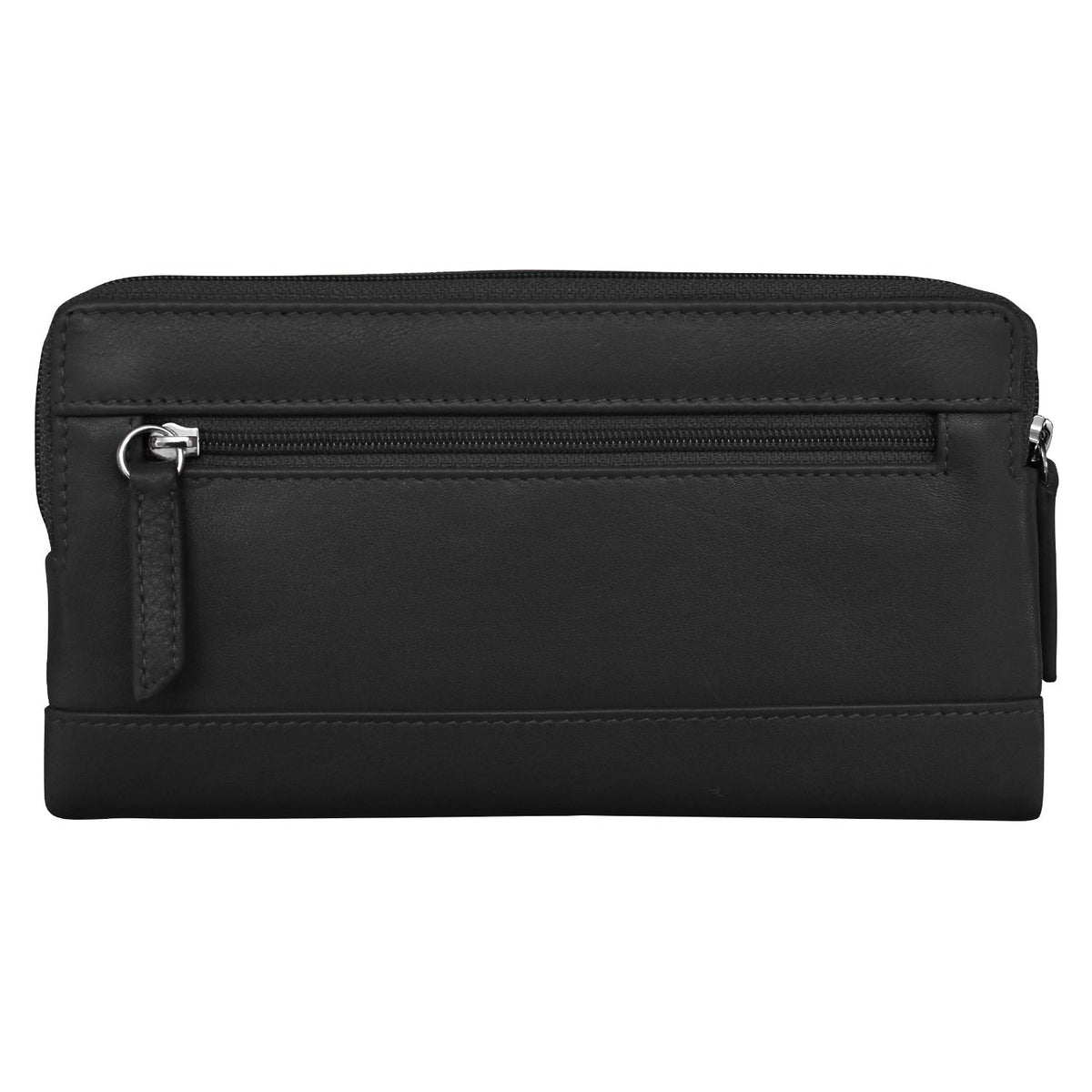 Black toiletry bag with a zipper on a white background