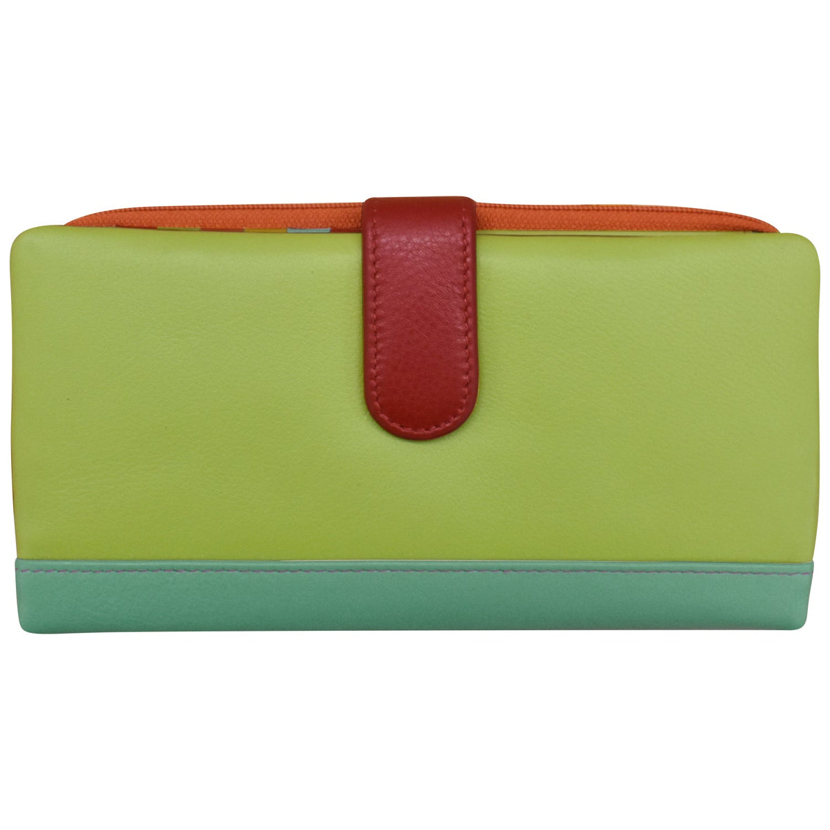 Green wallet with a red strap on a white background