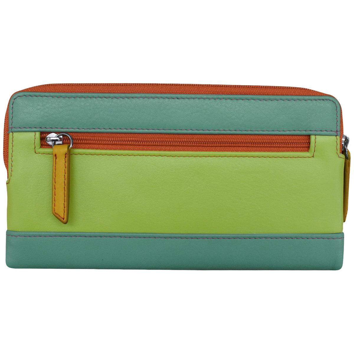 Two-tone green and orange wallet on a white background