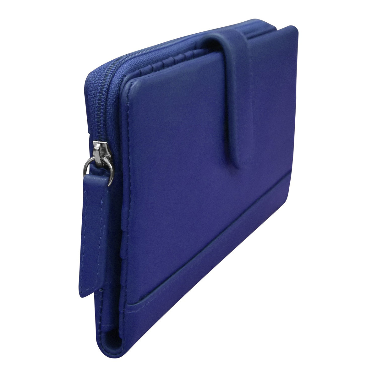 Blue clutch bag with a strap on a white background