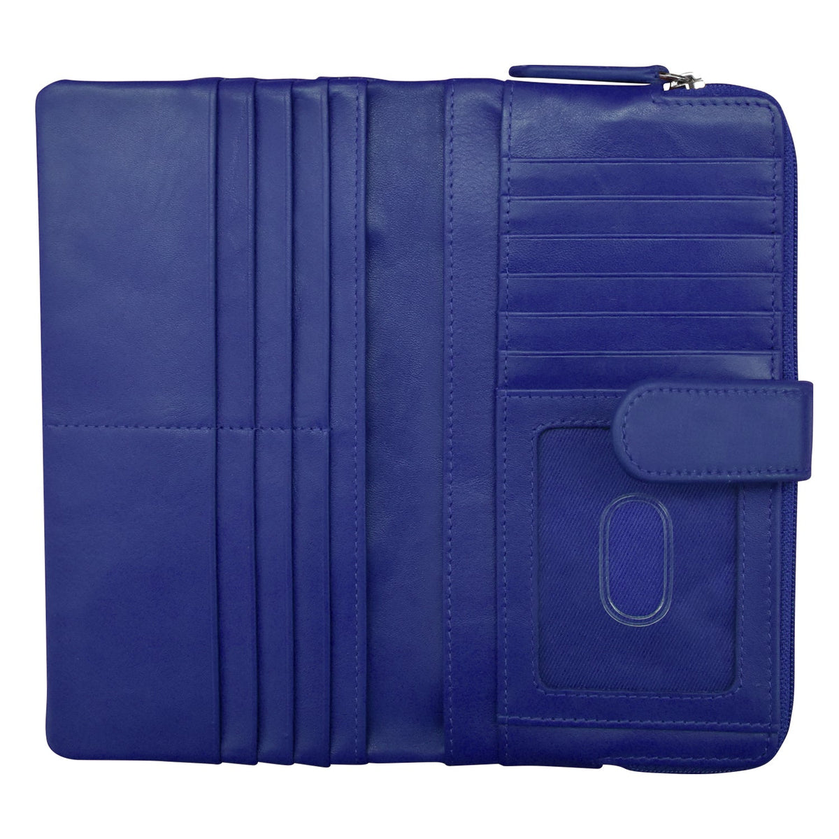 Blue leather wallet with multiple card slots on a white background