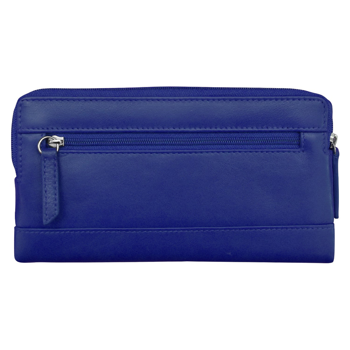 Blue leather clutch bag with a zipper on a white background