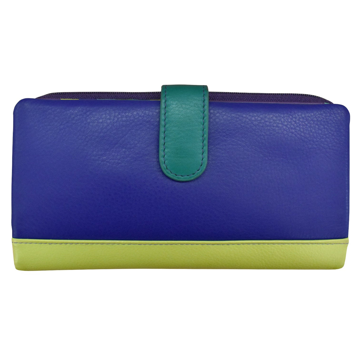 Blue and green wallet on a white background
