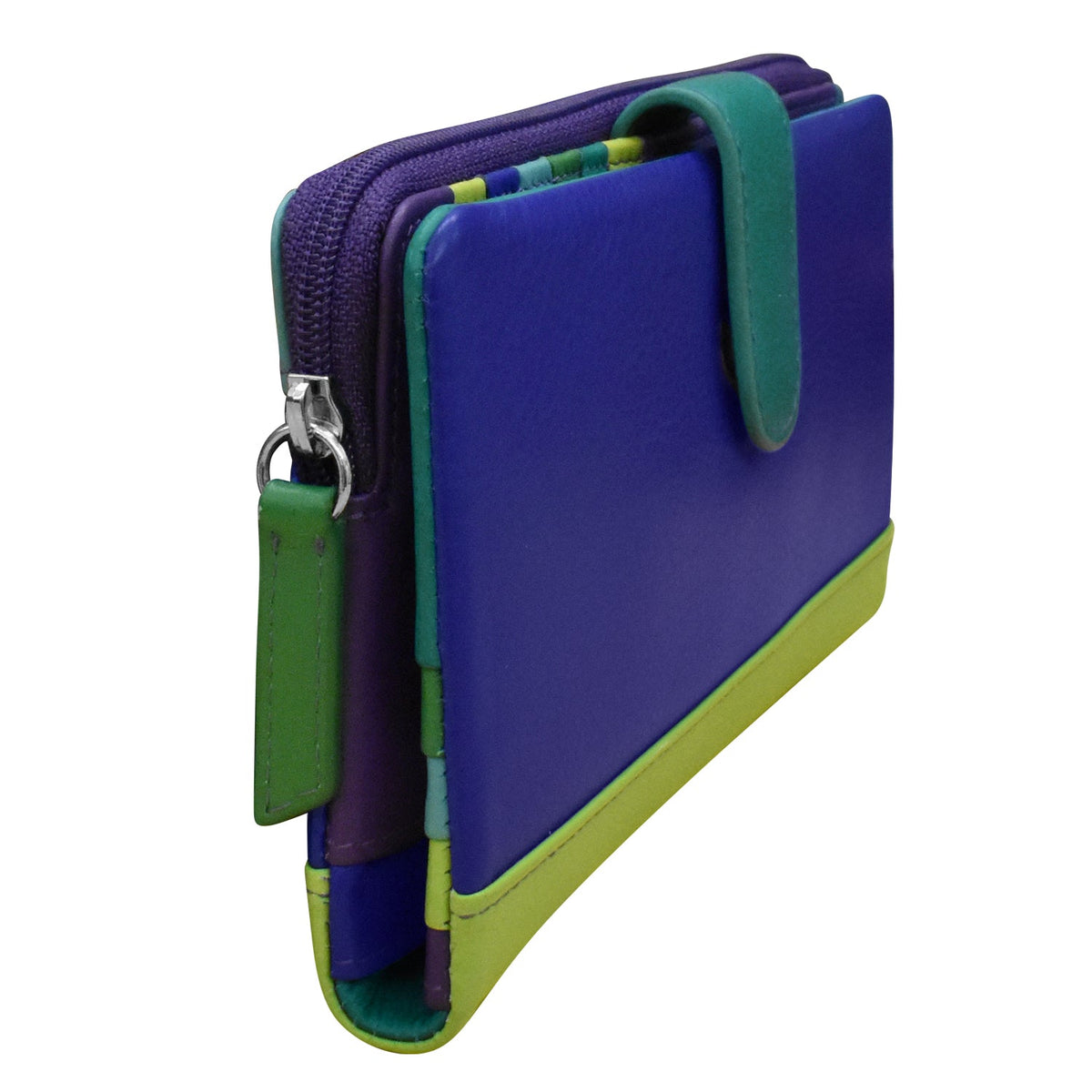 Multicolored wallet with a prominent blue section on a white background
