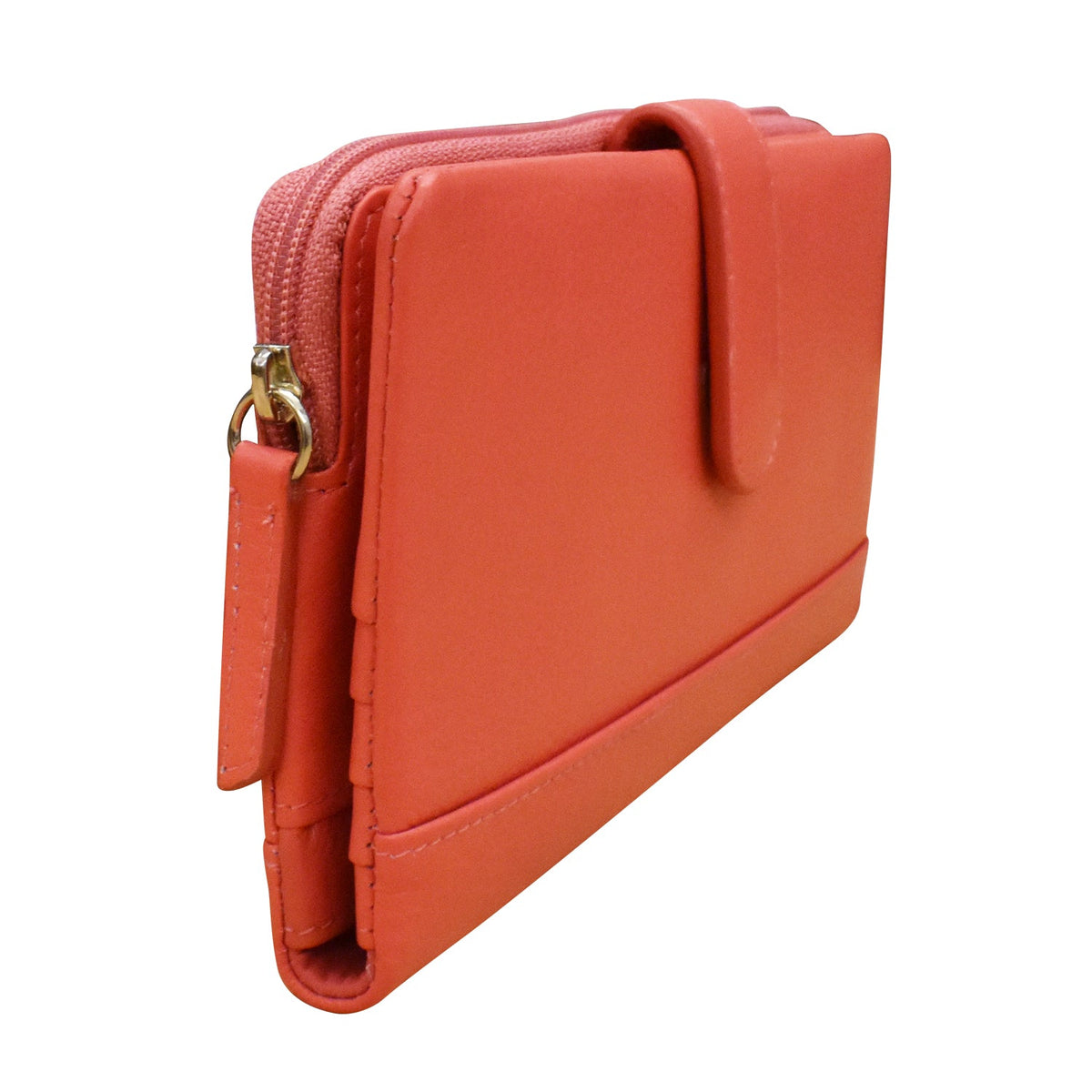 Red wallet with a gold zipper on a white background