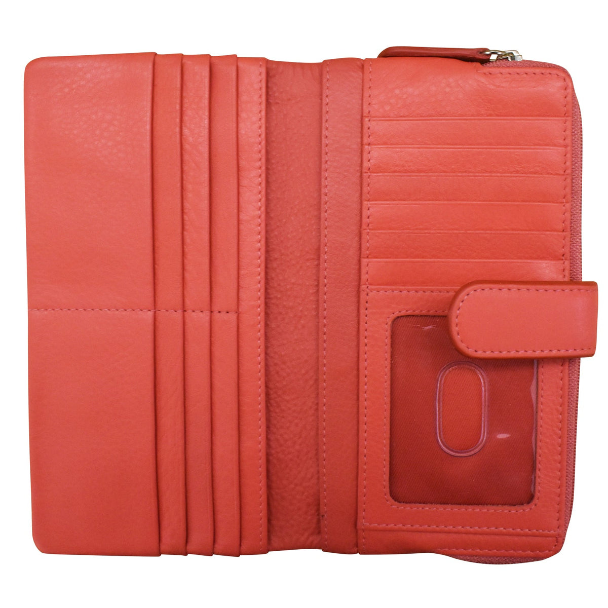 Red leather wallet with multiple card slots on a white background