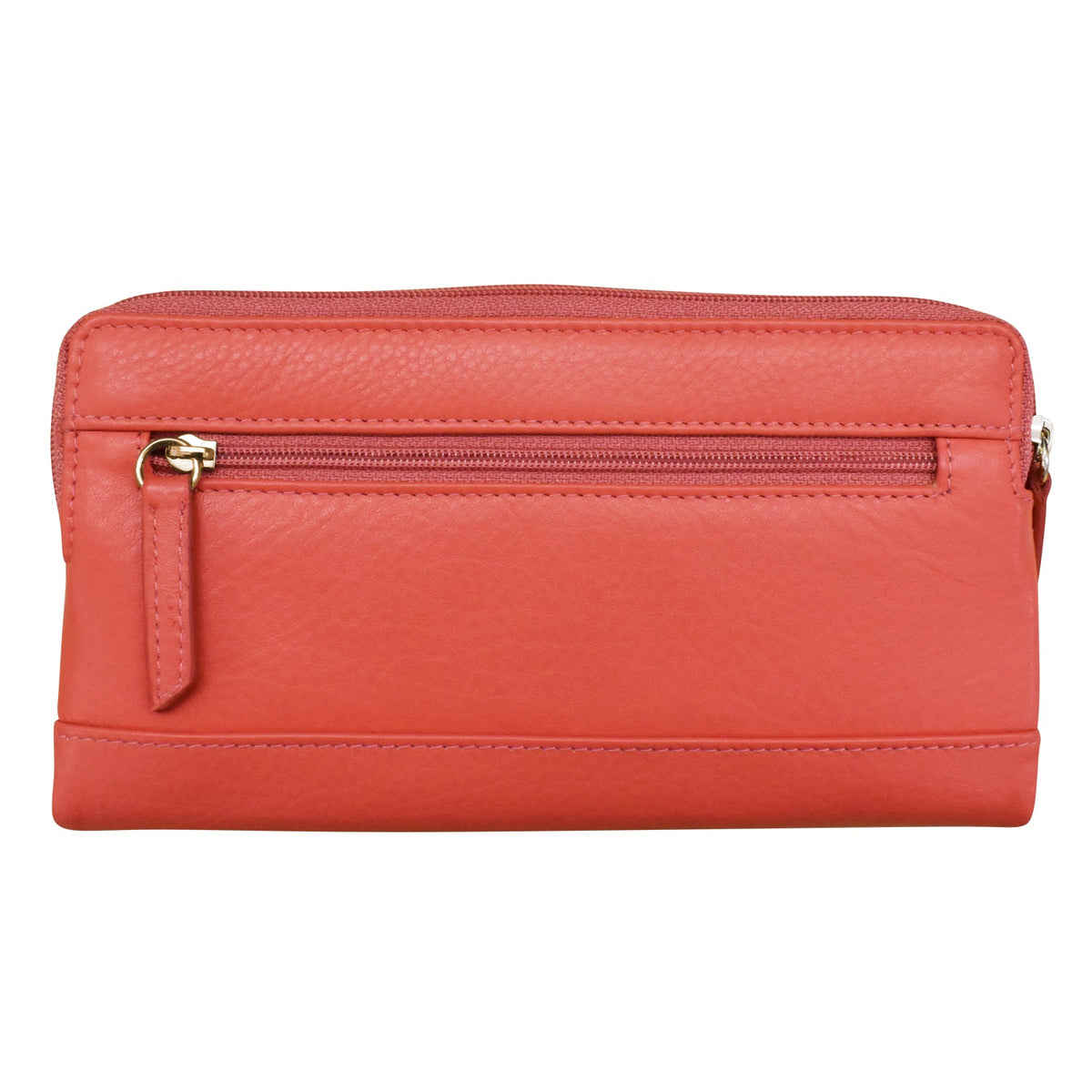 Red leather wallet with a gold zipper on a white background