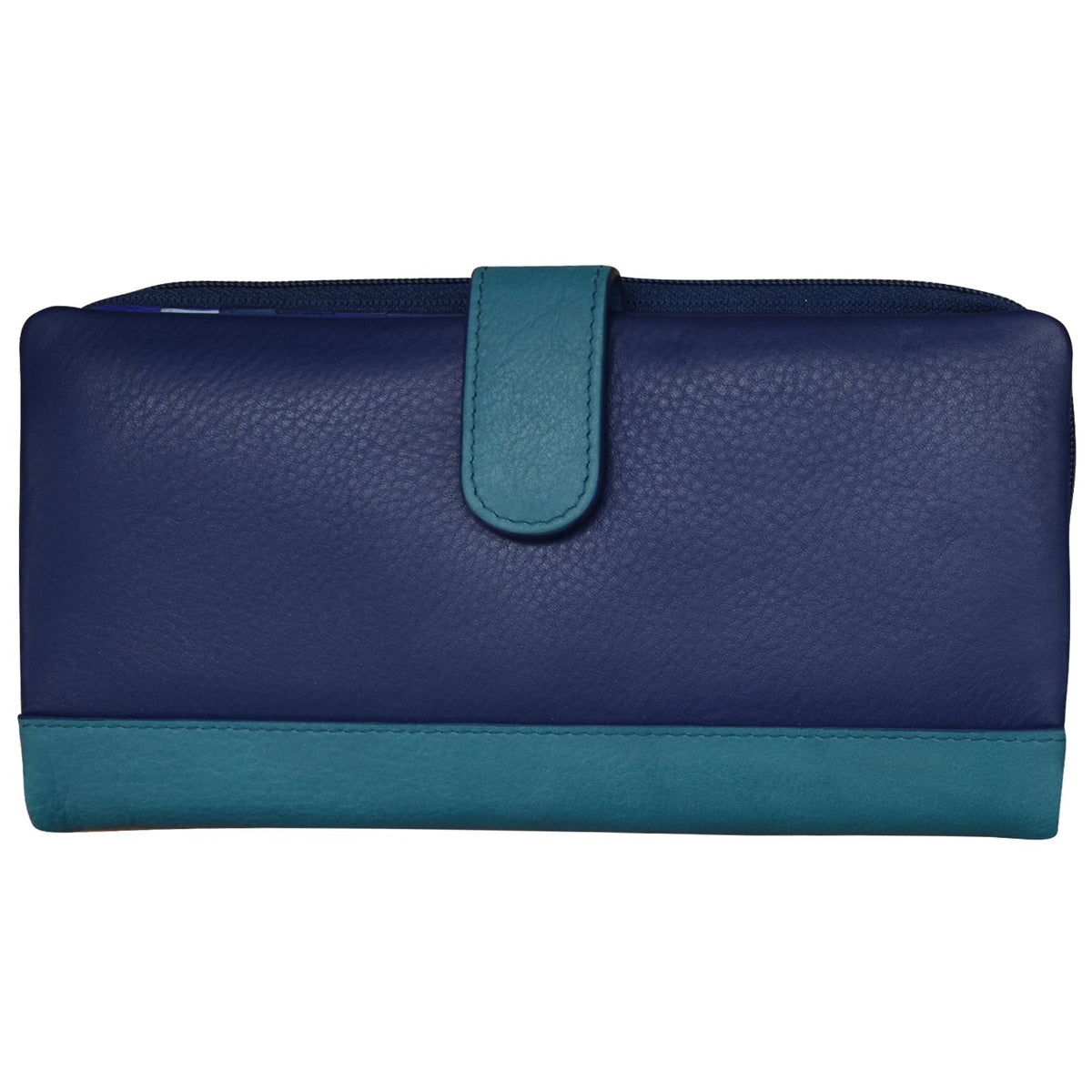 Blue wallet with a teal strap on a white background