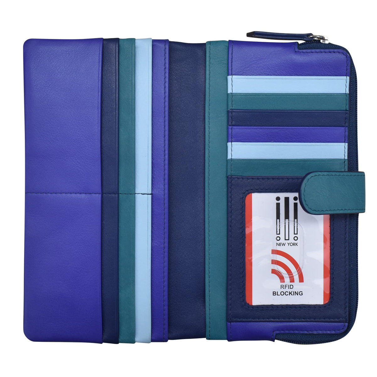 Multicolored wallet with RFID blocking feature on a white background