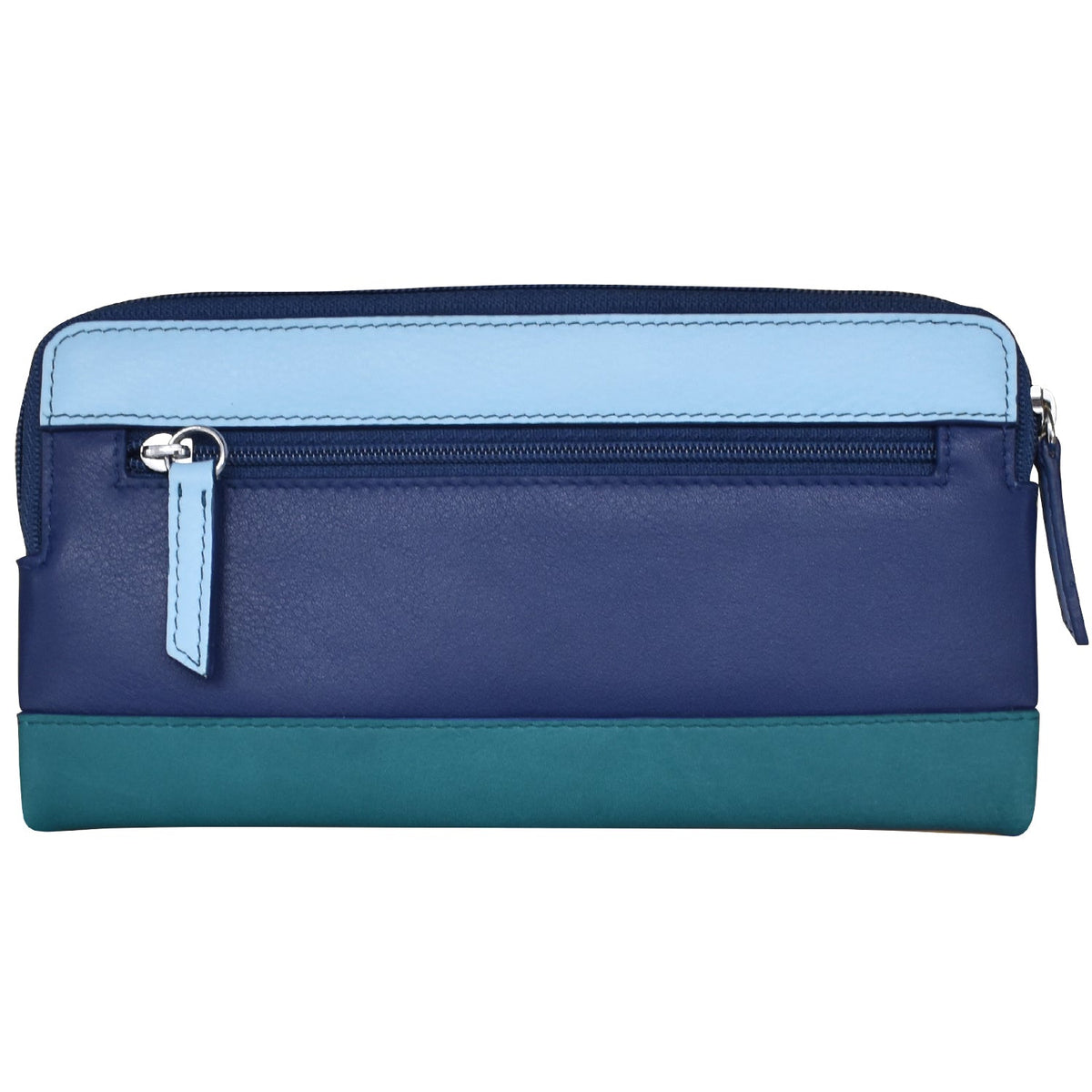 Blue and teal cosmetic bag with a zipper on a white background