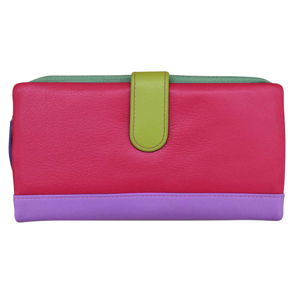 Multicolored wallet with pink, green, and purple sections on a white background
