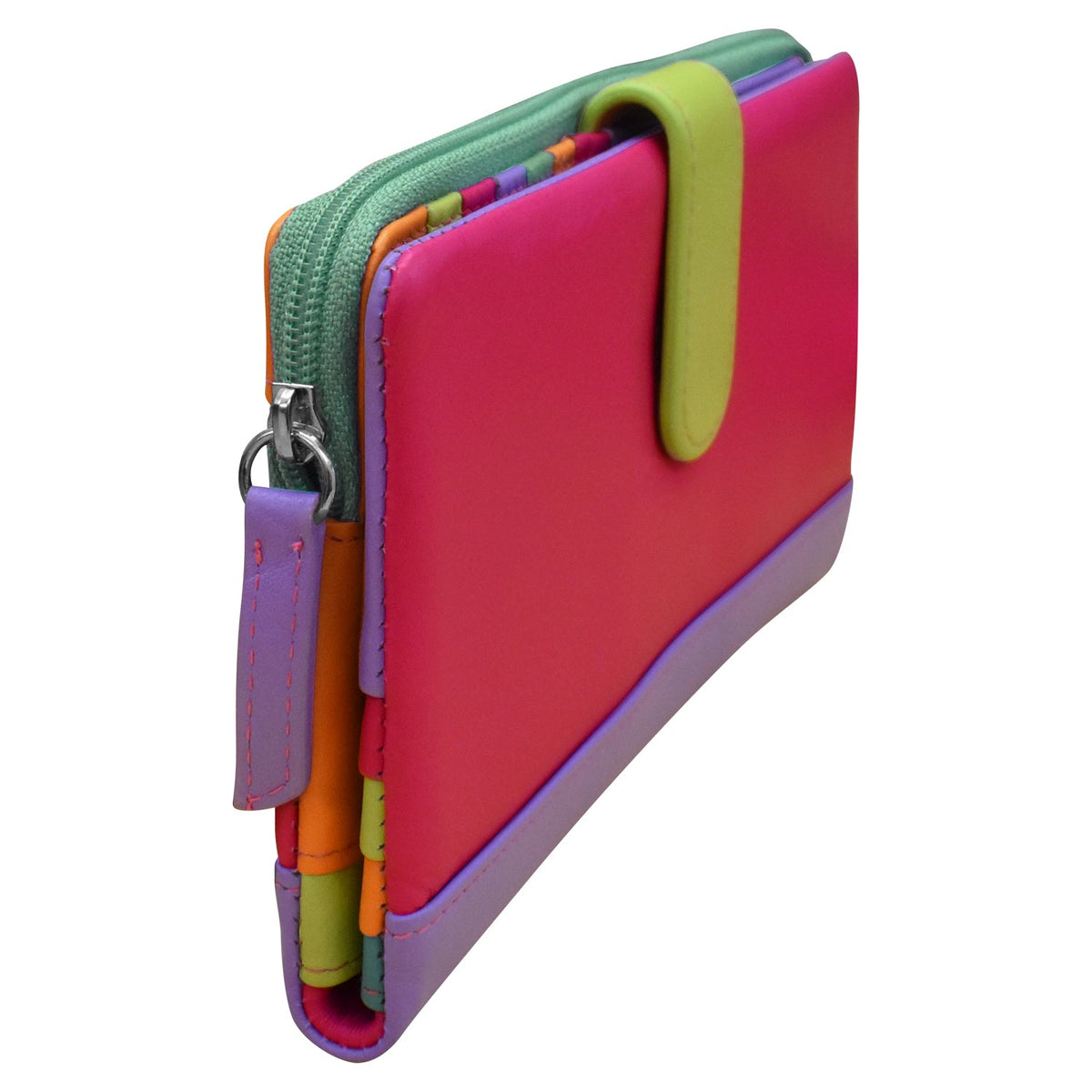 Colorful wallet with multiple zippers on a white background
