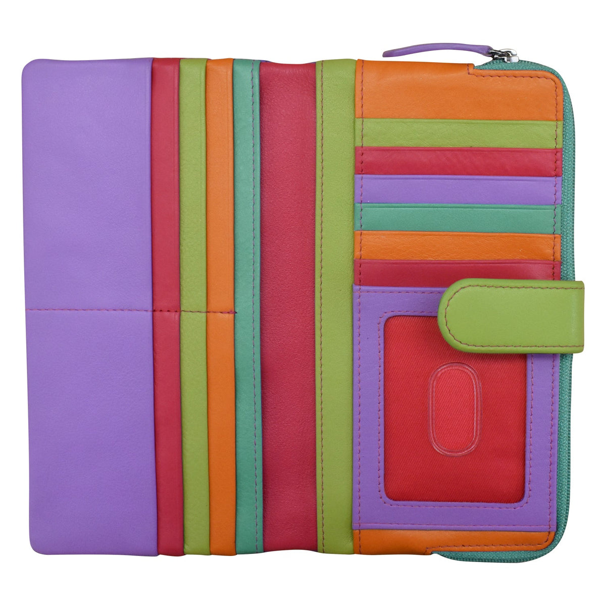 Colorful striped wallet with a green strap on a white background