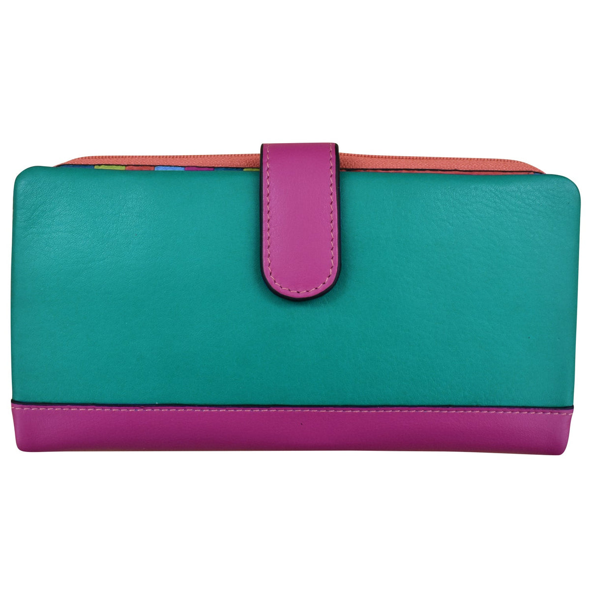 Teal and purple wallet on a white background