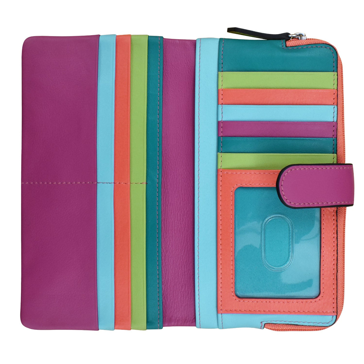 Colorful wallet with striped design on a white background