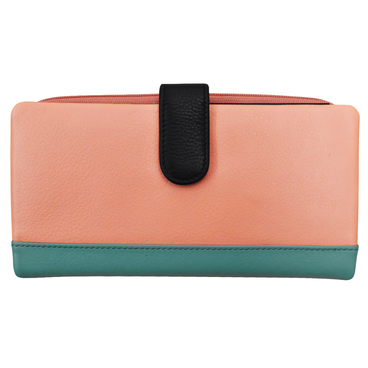 Two-tone wallet with peach top half and teal bottom half on a white background