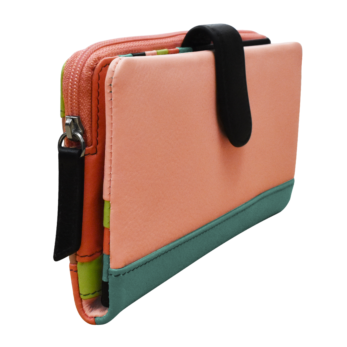 Multicolored zippered pouch with a black strap on a white background