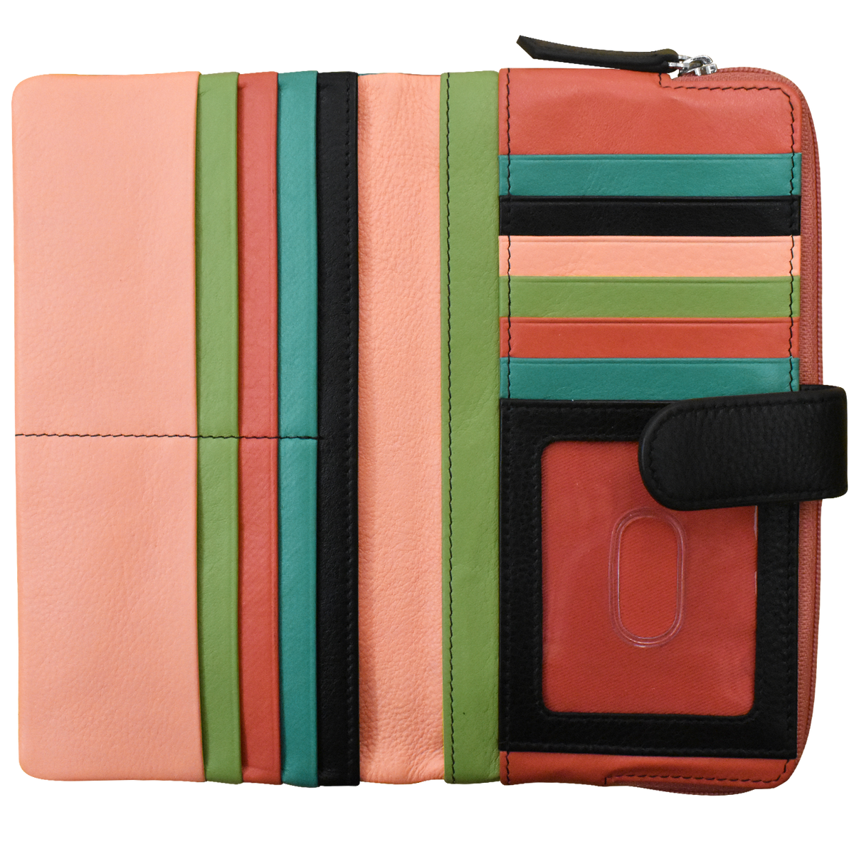 Multicolored striped wallet with a black strap on a white background