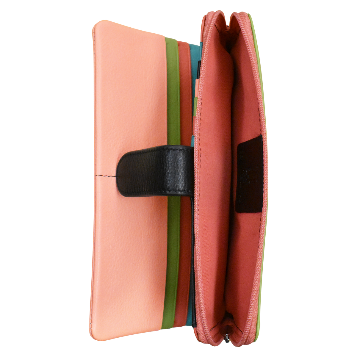 Pink wallet with a black strap on a white background