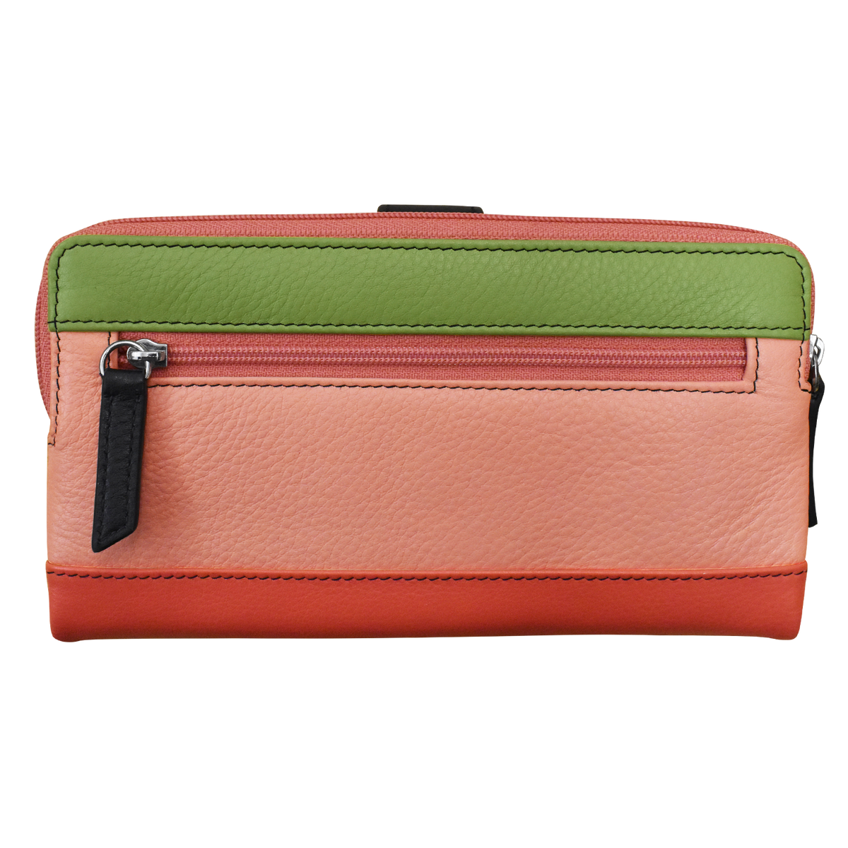 Two-tone pink and green wallet on a white background