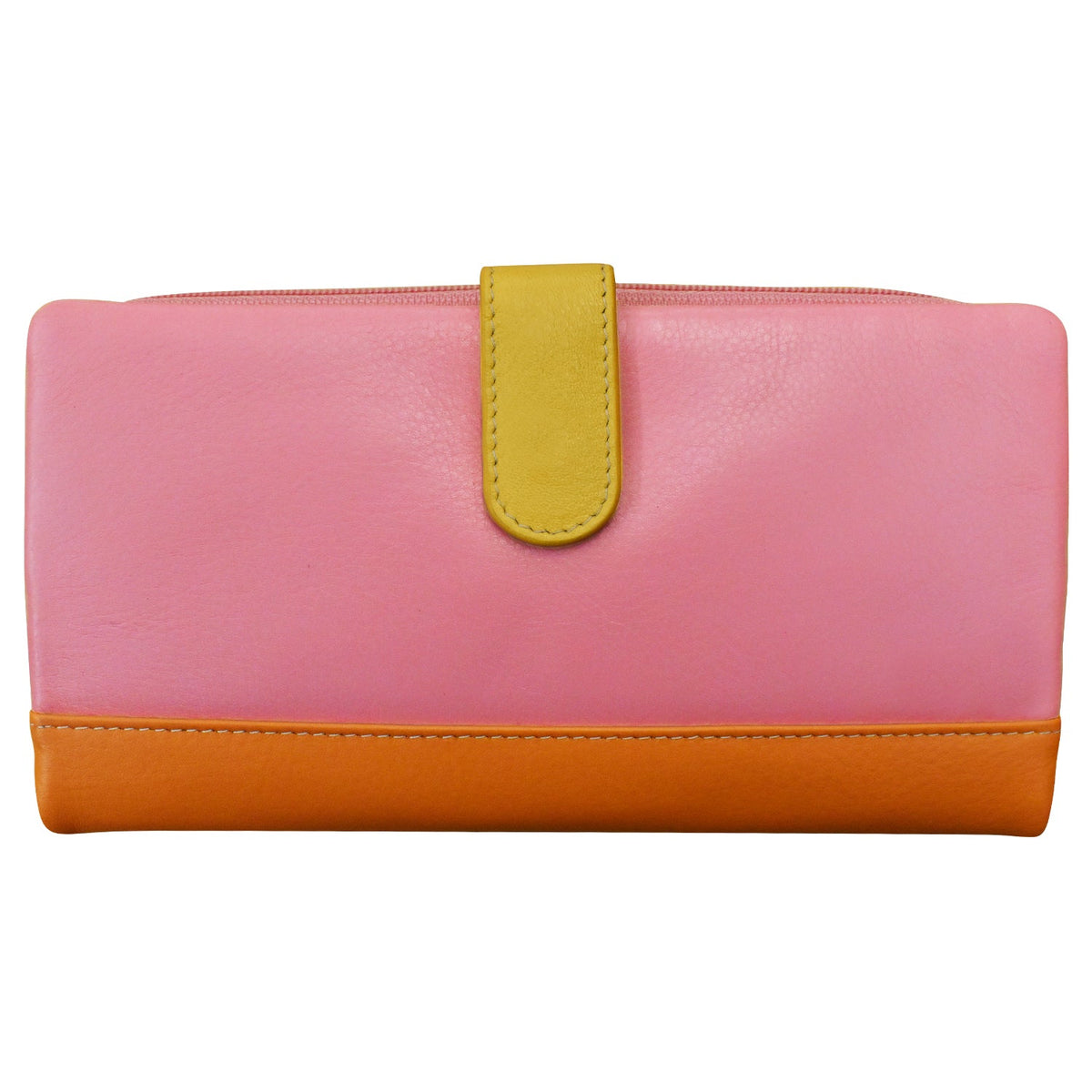 Pink and orange wallet with a yellow strap on a white background