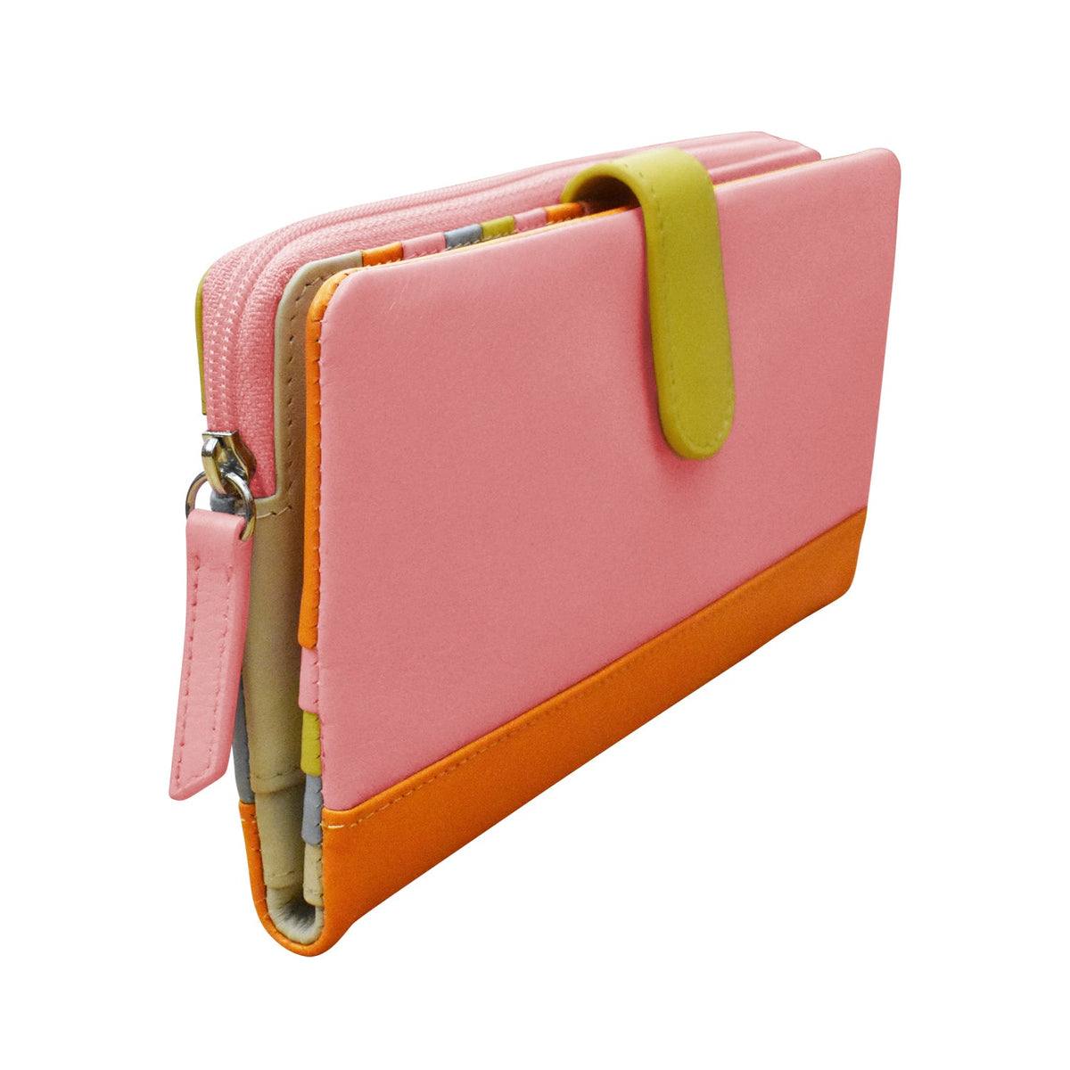 Pink and orange wallet with a floral pattern on a white background