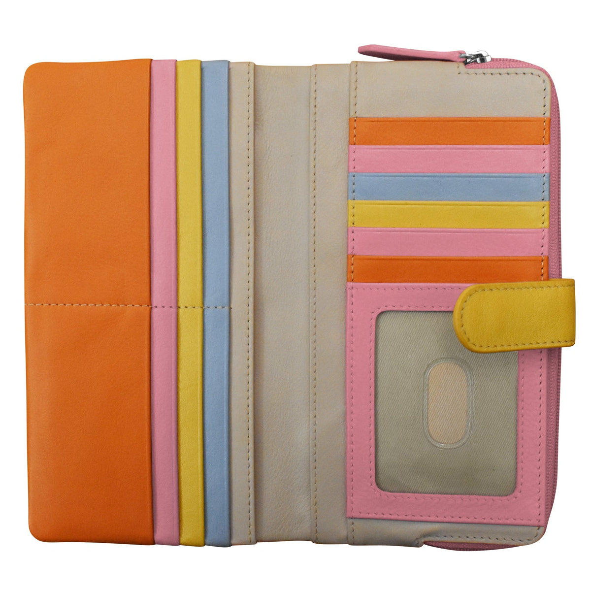 A multi-colored zippered wallet or organizer shown open, featuring panels of orange, pink, yellow, light blue, and beige, with card slots, a clear ID window, and a yellow strap closure.