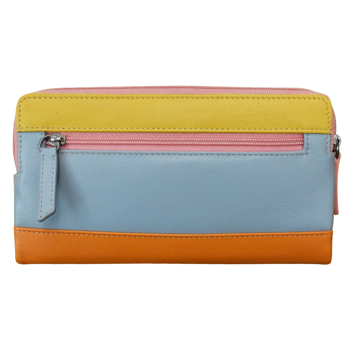 A color-blocked leather zip-around pouch with a light blue center, yellow top section, orange bottom section, and pink zippers.