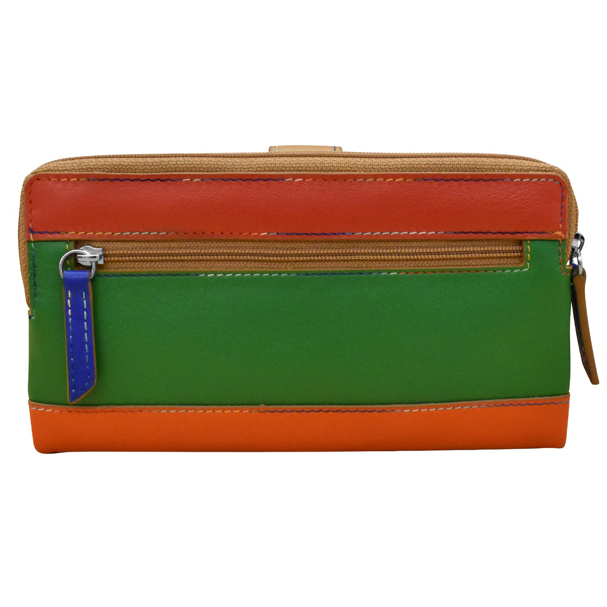 Multicolored wallet with green, orange, and brown sections on a white background