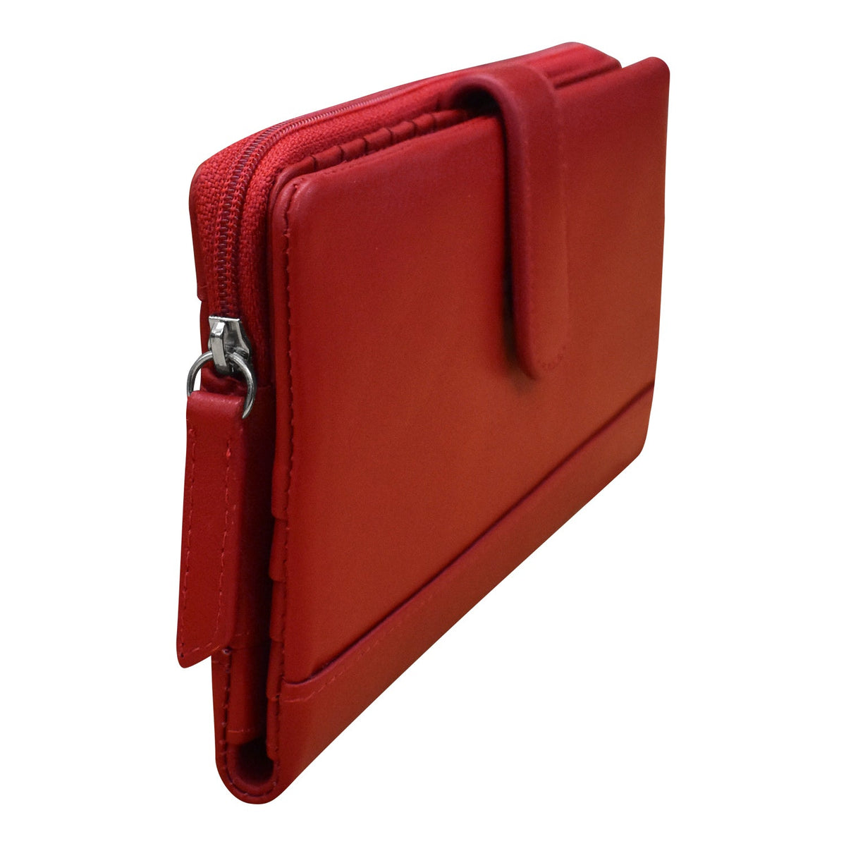 Red leather wallet with a zipper on a white background