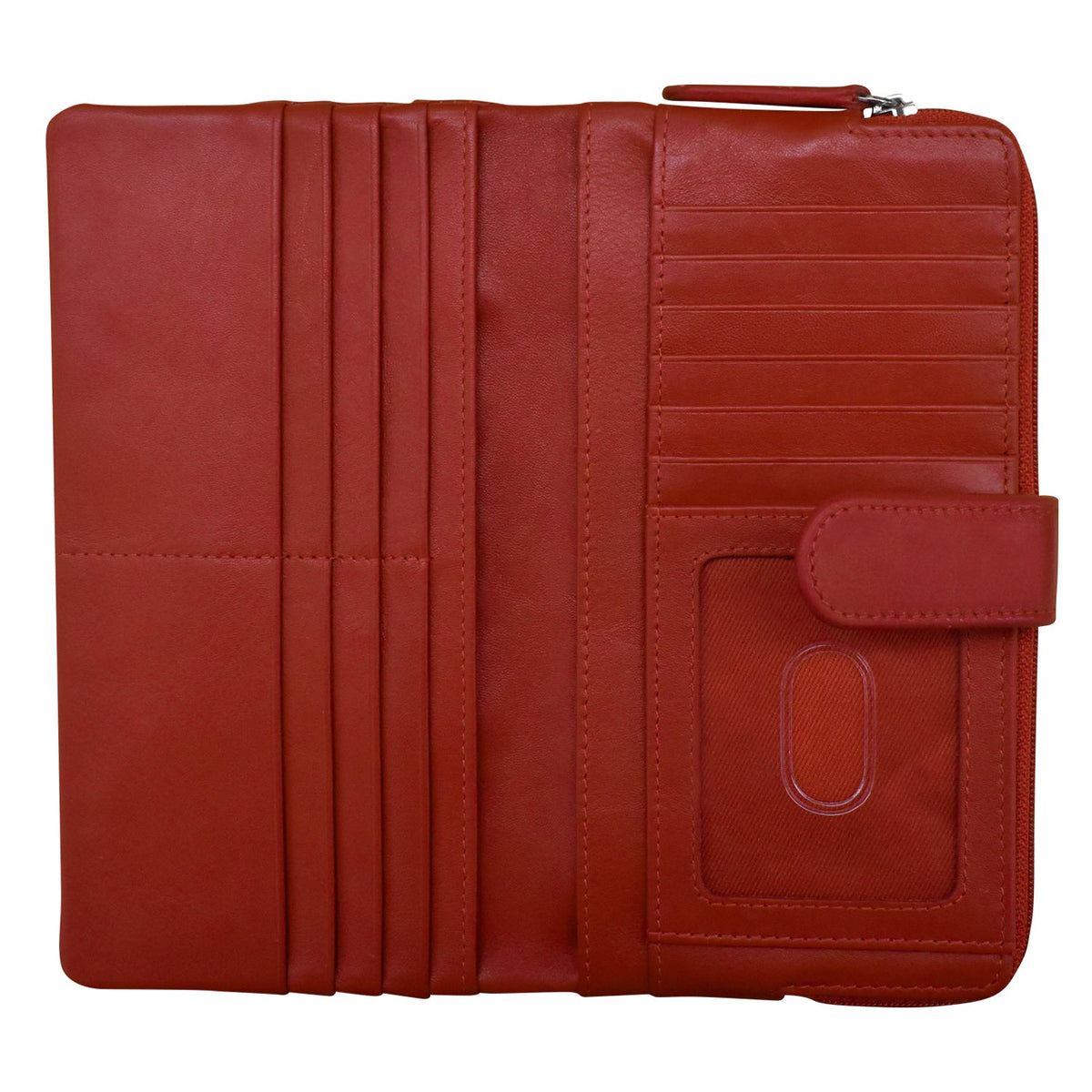 Red leather wallet with multiple card slots on a white background