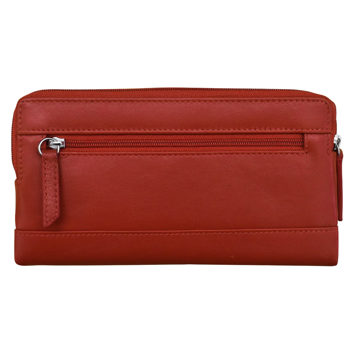Red leather wallet with a zipper on a white background