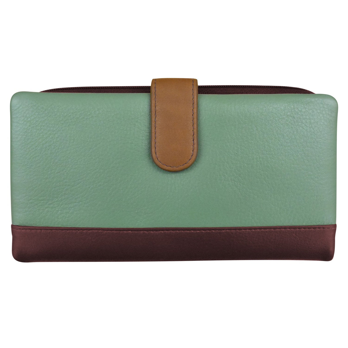 Green wallet with brown accents on a white background