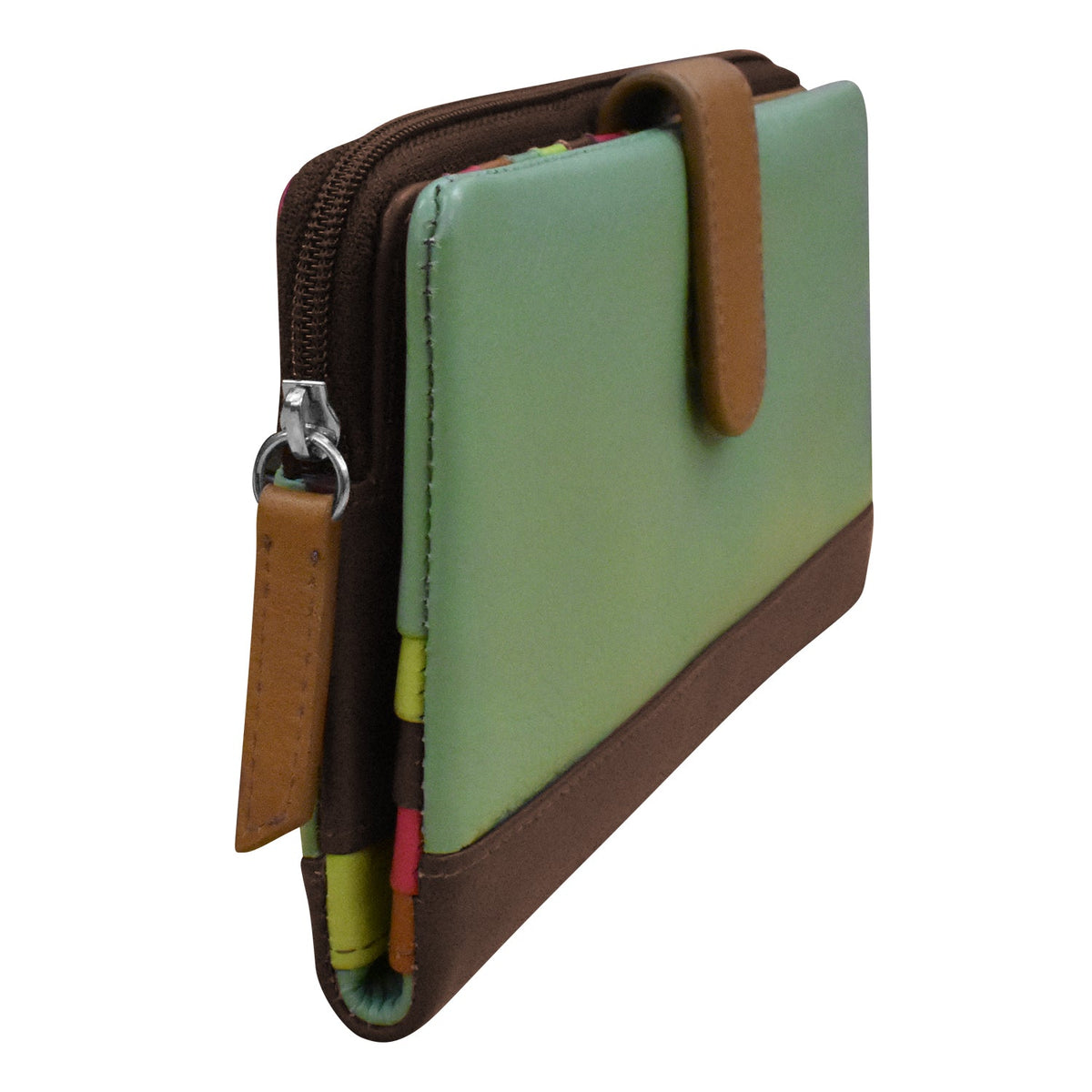 Green and brown wallet with colorful interior on a white background