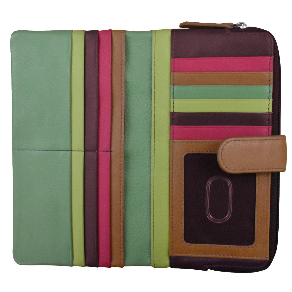 Multicolored striped wallet with a brown flap on a white background