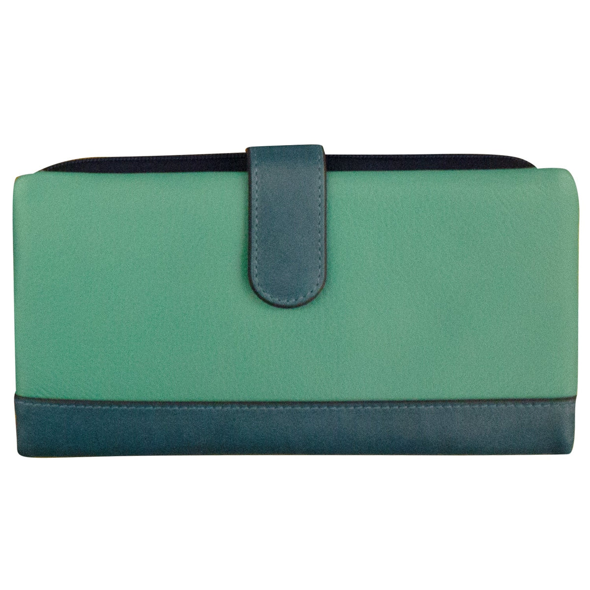 Green and navy wallet on a white background