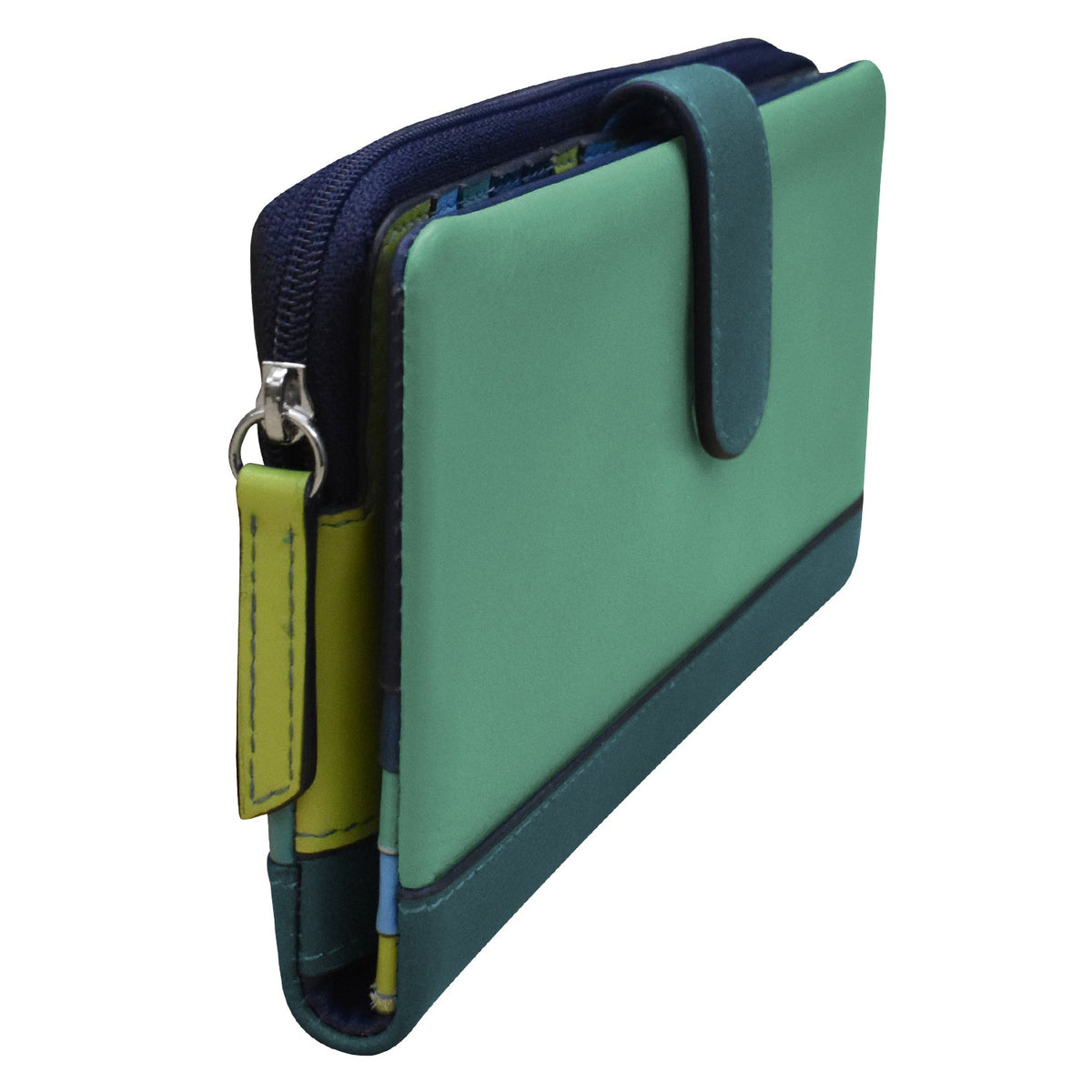 Green and navy pouch with a yellow strap on a white background