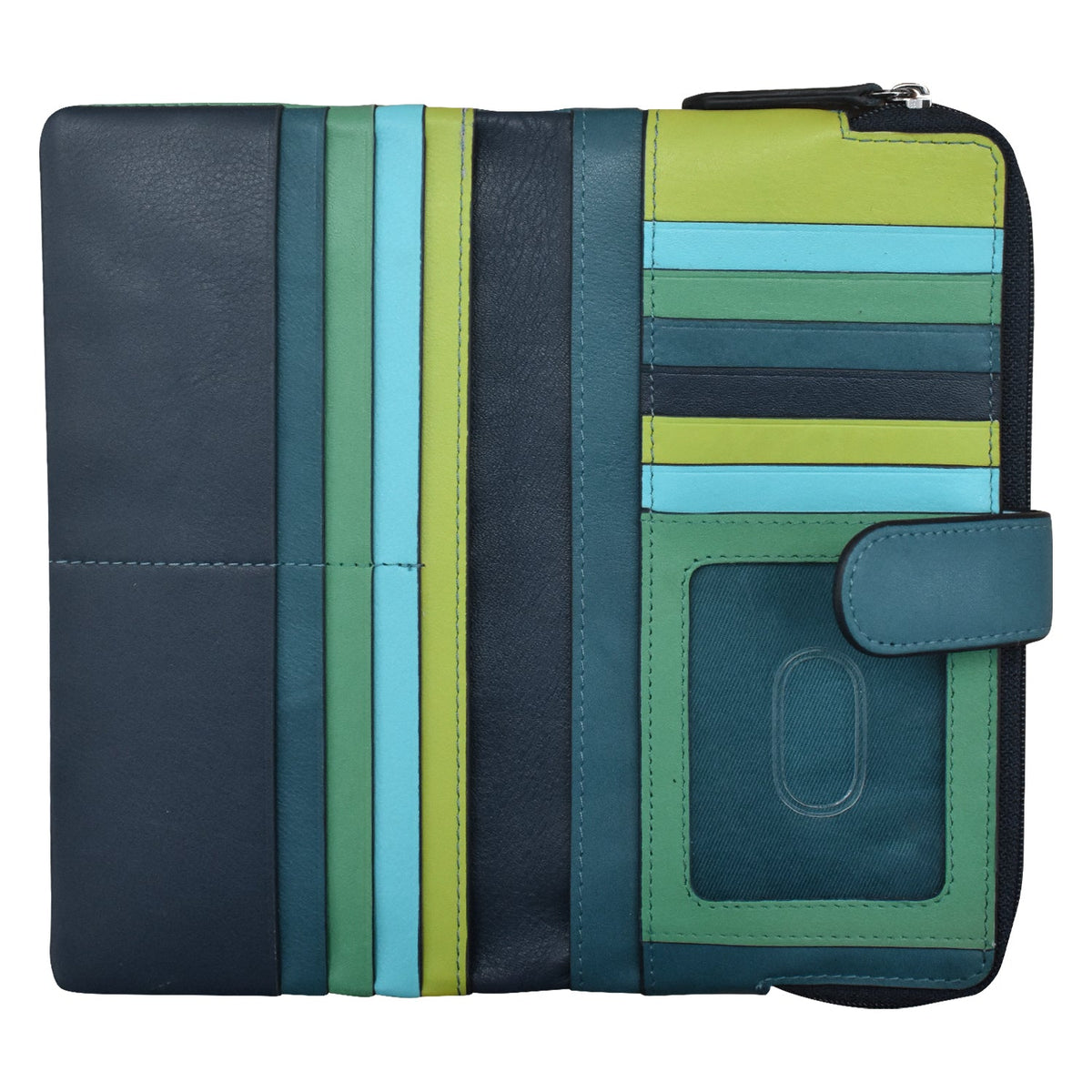 Multicolored striped leather wallet on a white background
