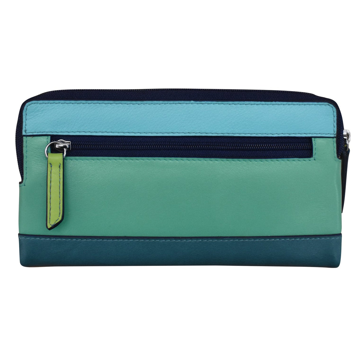 Two-tone teal and blue pouch with a zipper on a white background