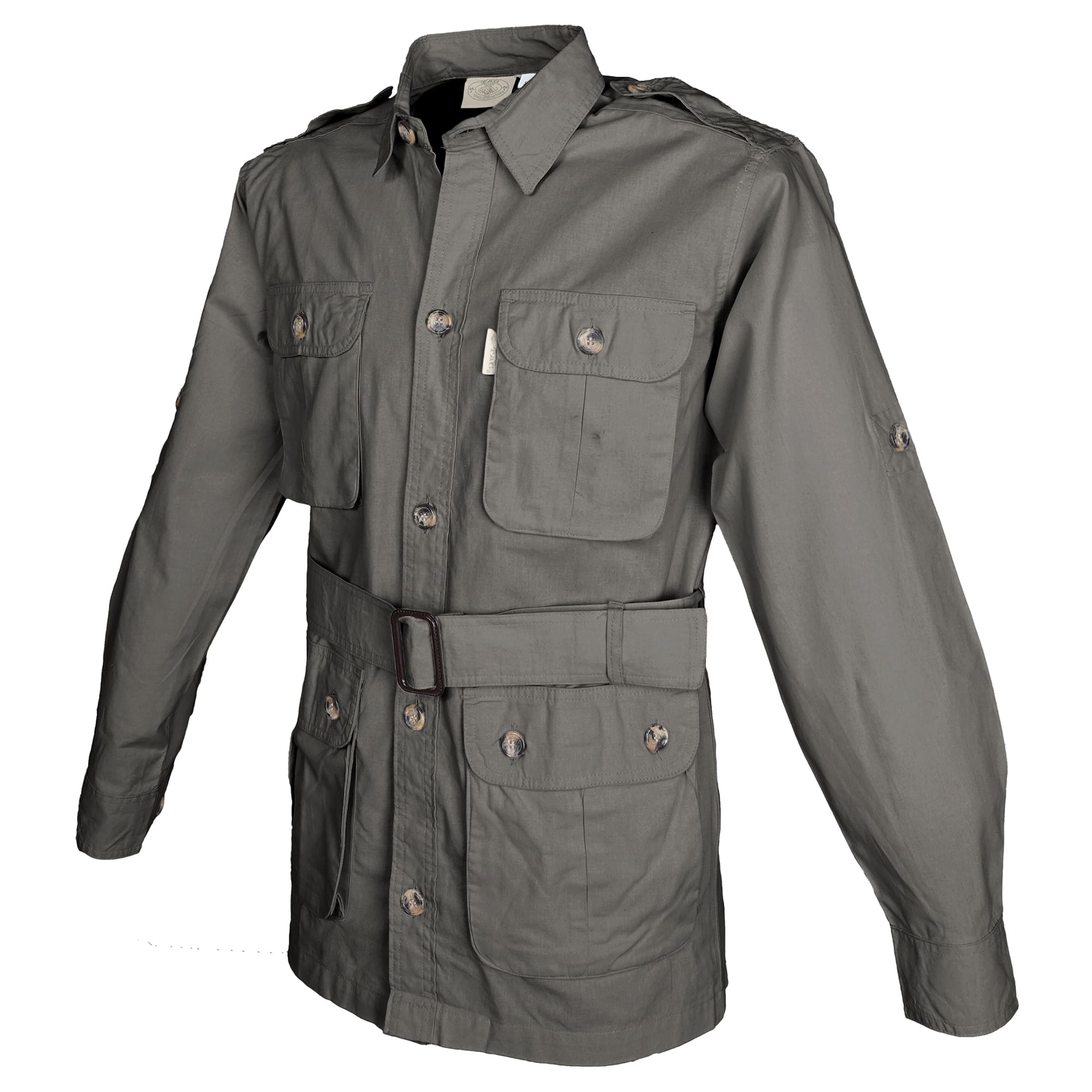 Gray jacket with multiple pockets and buttons on a white background