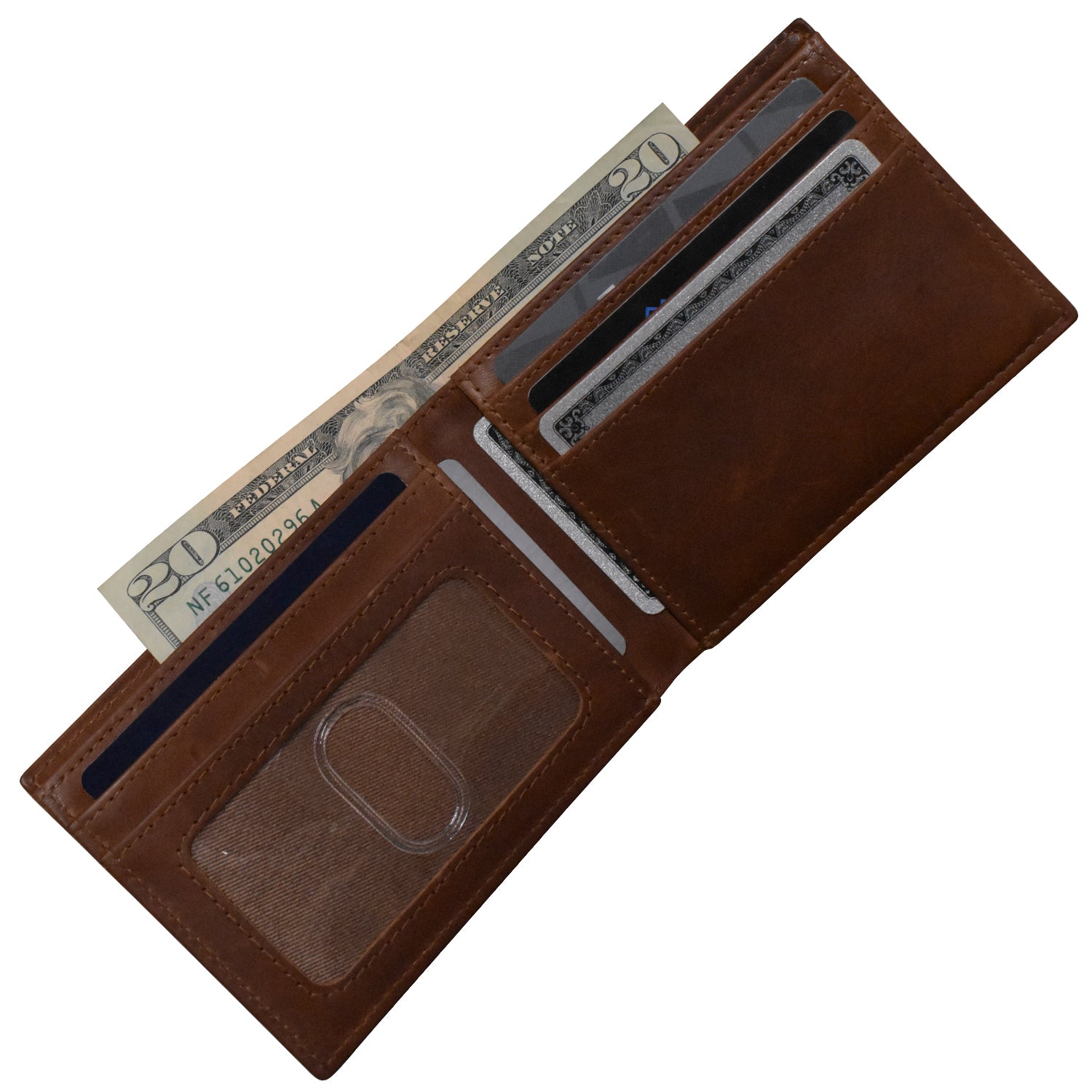 Brown leather wallet with money and cards on a white background