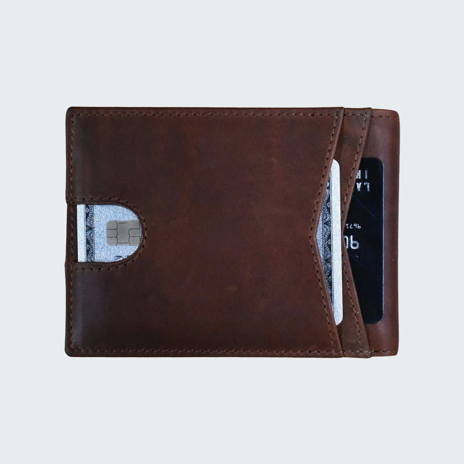 Brown leather wallet with card slots on a white background