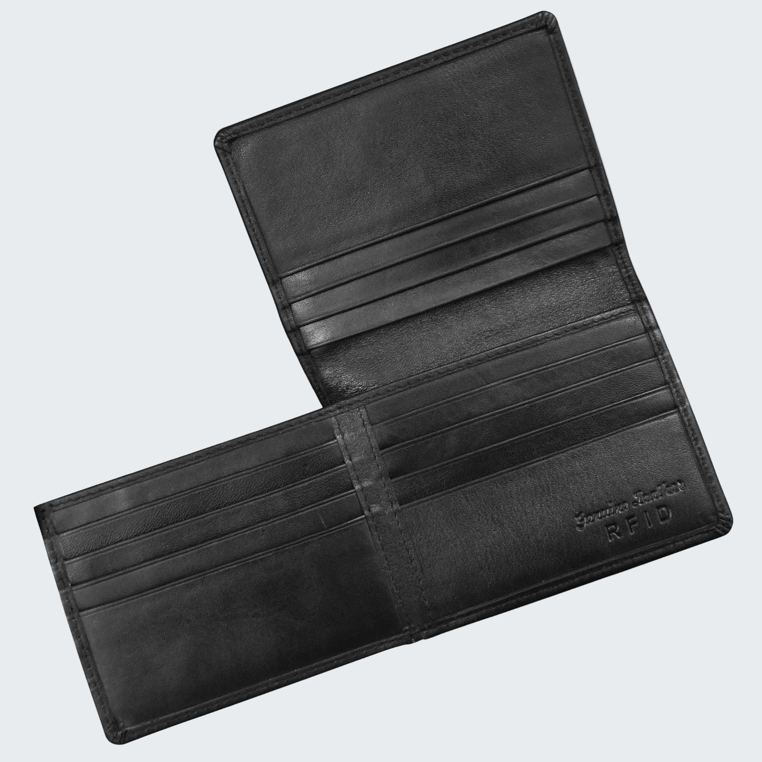 Black leather wallet with multiple card slots on a white background