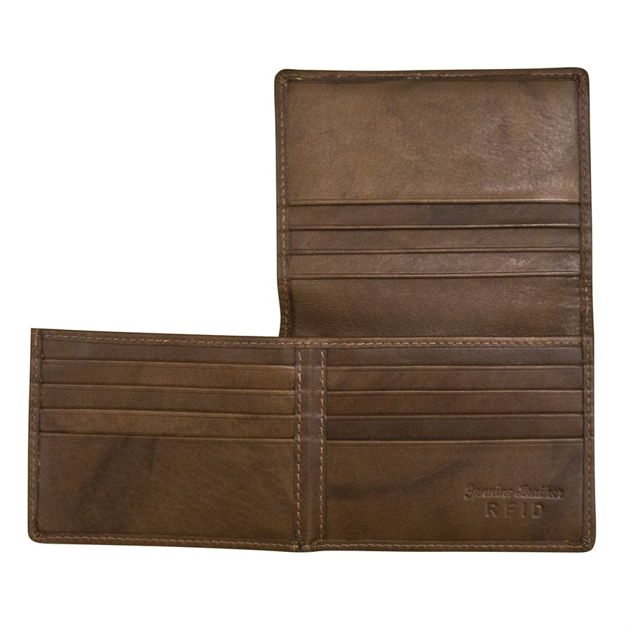 Brown leather wallet with visible stitching on a white background