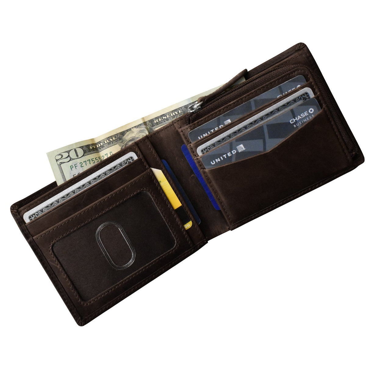 Brown leather wallet with money and cards on a white background